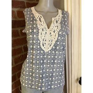 Boho Embroidered Crochet Trim Tank Neutral Cottagecore Minimalist Top Medium